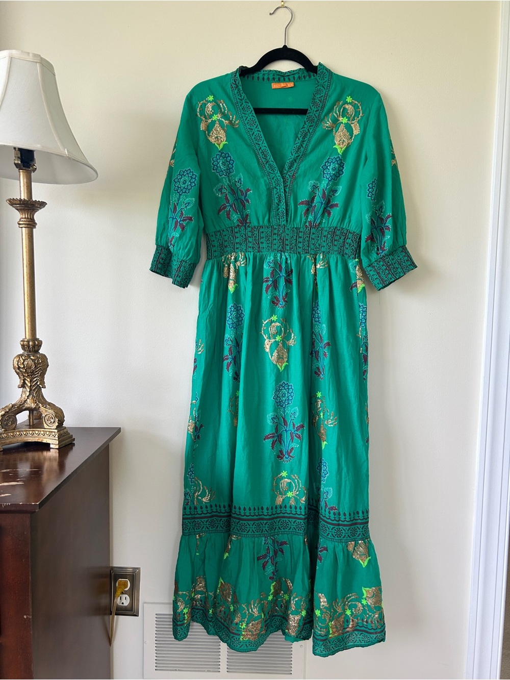 Oliphant Teal Green Embroidered V-Neck Maxi Dress